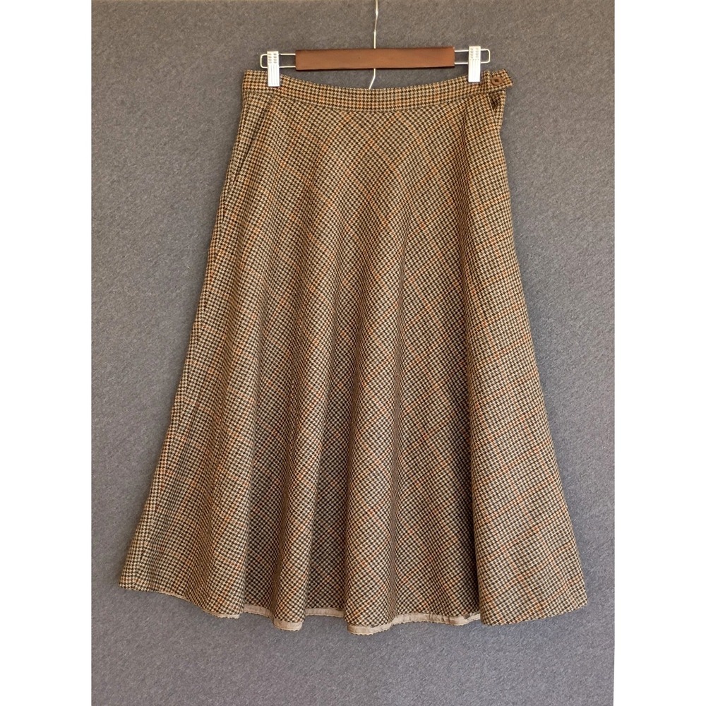 Vintage Jones New York Vintage 100% Wool Houndstooth A-Line Midi Skirt Brown 14